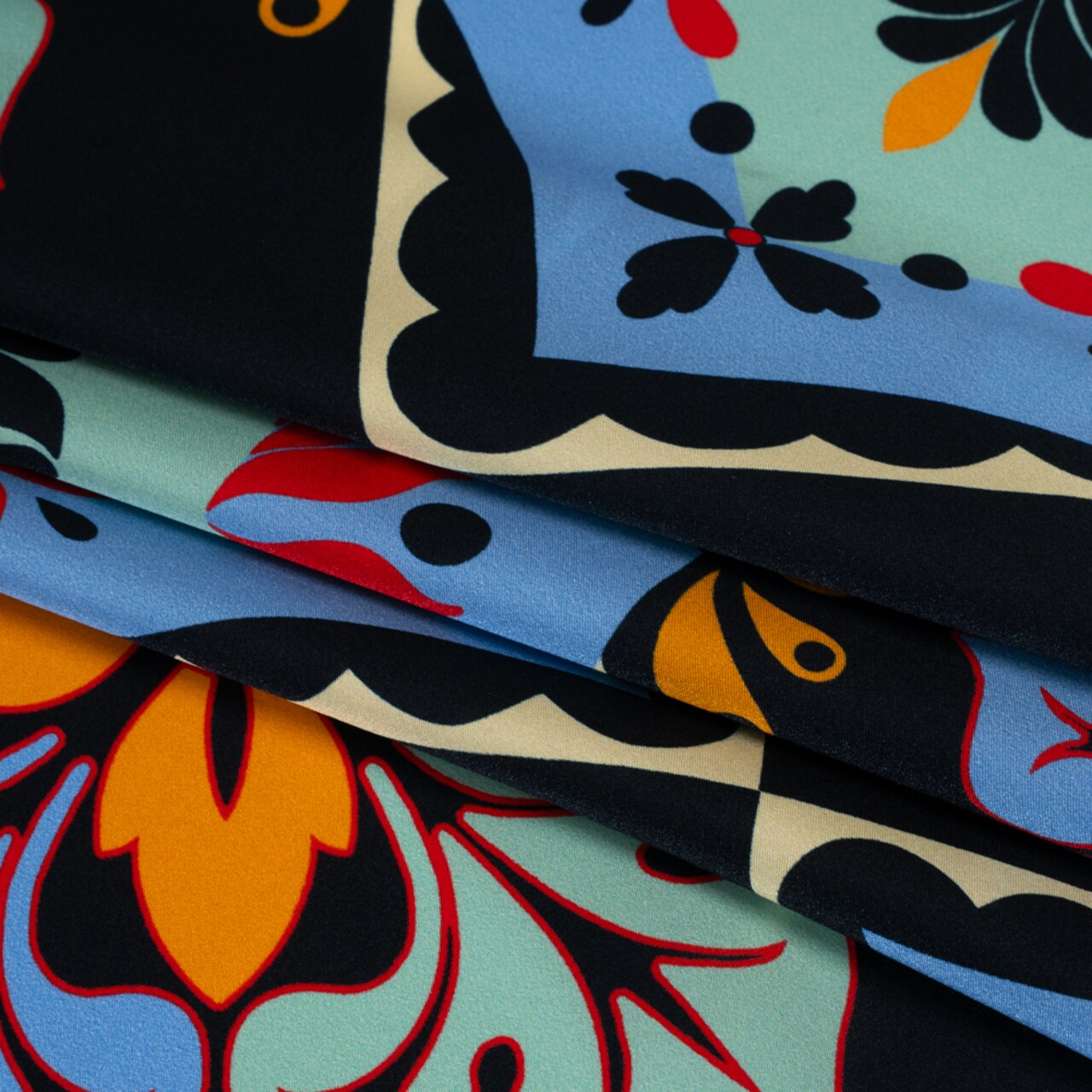 1 Yard Silk Charmeuse Print Fabric with Midnight Navy Mint and Country Blue Fancy Floral Tiles 53 Inch Width